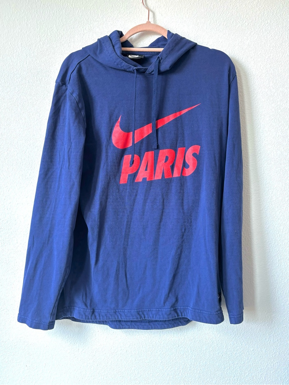 Nike 100% Cotton Navy Blue Hoodie with Red Swoosh and PARIS Logo Size L